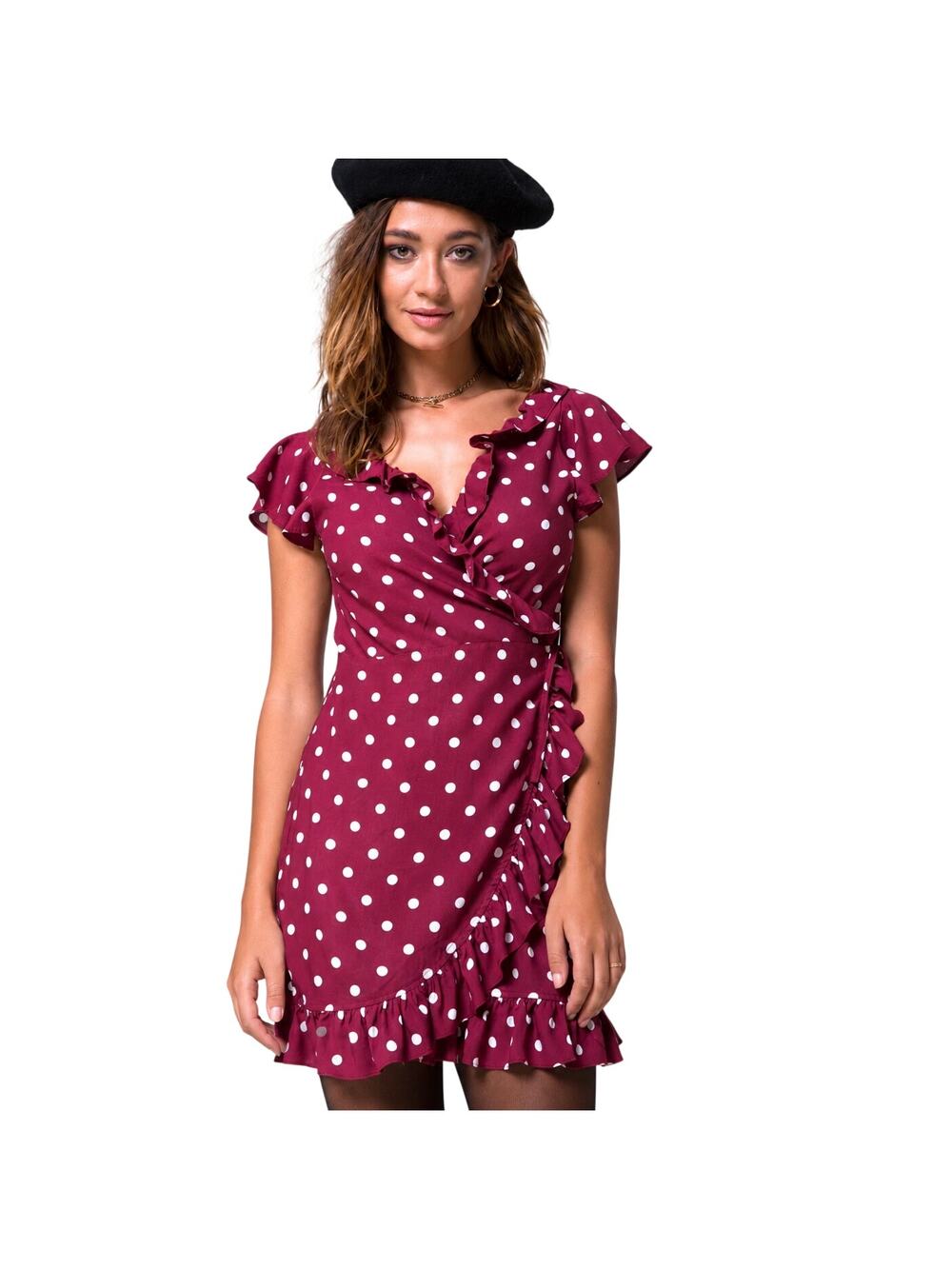 Motel Rocks Red White Polka Dot Ruffle Wrap Mini Dress Small
